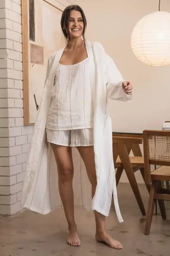 Eadie lifestyle - Carter Fundamental Linen Robe - Off White w' Nutmeg Fine Stripe
