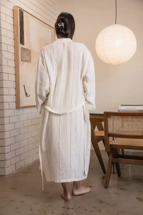 Eadie lifestyle - Carter Fundamental Linen Robe - Off White w' Nutmeg Fine Stripe - Image 4