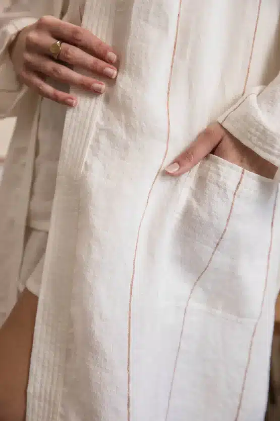 Eadie lifestyle - Carter Fundamental Linen Robe - Off White w' Nutmeg Fine Stripe - Image 3