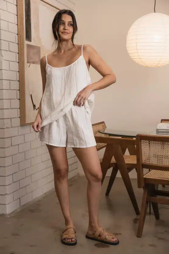 eadie lifestyle - Carter Fundamental Linen Cami - Off White w' Nutmeg Fine Stripe