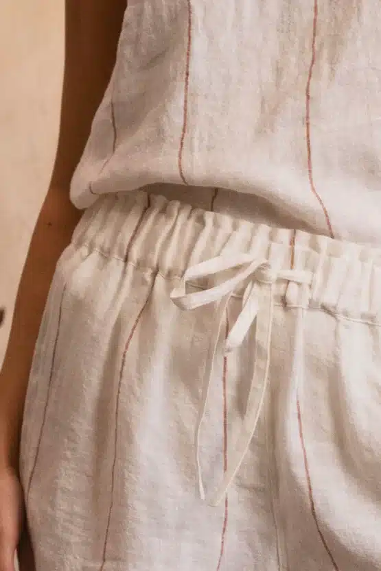 eadie lifestyle - Carter Fundamental Linen Shorts - Off White w' Nutmeg Fine Stripe - Image 3