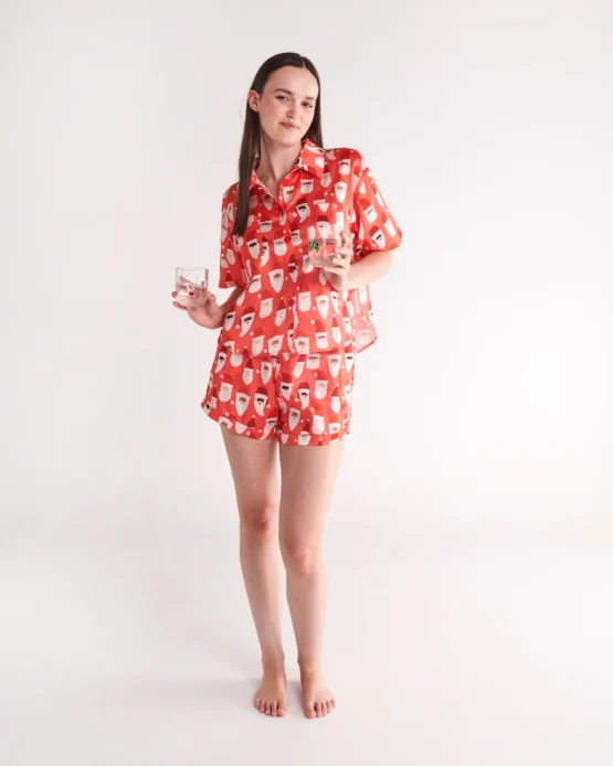 kip & co - HoHoHo Red Satin Short Sleeve Shirt & Short Pyjama