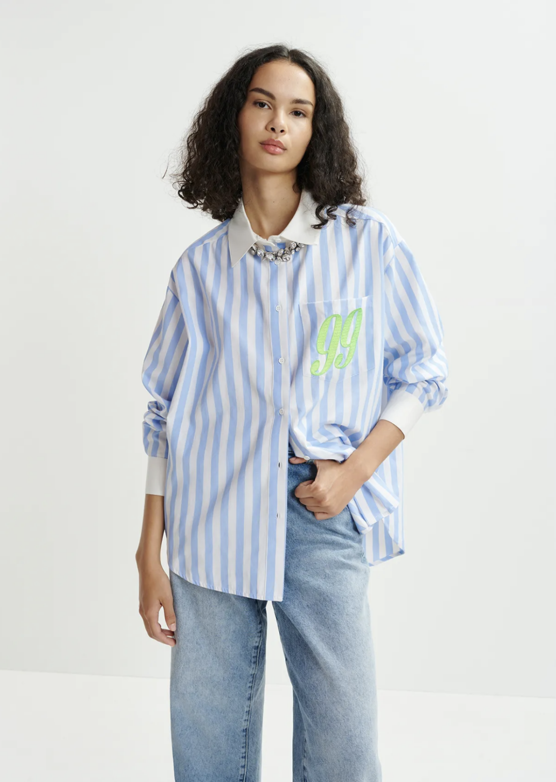 Essentiel Antwerp Navy blue cotton shirt with sequin and beaded embroideries